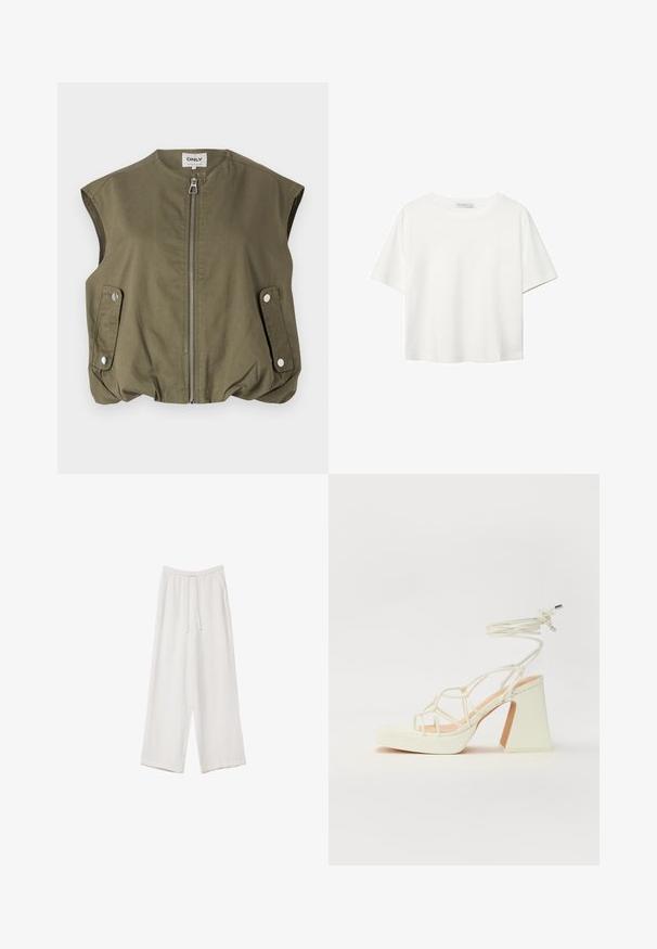 Oliven grøn ærmeløs vest lavet af letvægtsstof, med en frontlynlås, tryklåslommer og en samlet bundkant.; Hvid kortærmet t-shirt lavet af bomuld. Har en rund halsudskæring og en afslappet pasform. Glat tekstur uden synlige mønstre eller detaljer.; Hvide bukser med bred benlængde lavet af et letvægtsstof. Har et elastisk talje med snor og sidelommer. Glat tekstur.; Hvide højhælede sandaler med en kraftig hæl, der har et stropdesign og ankelbinding. Glat tekstur med en platform foran for ekstra højde.