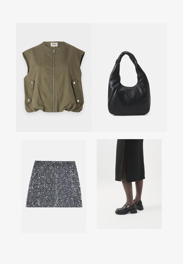 Olivovo zelená bezrukávová vesta vyrobená z ľahkej tkaniny, s predným zipsom, cvokovými vreckami a zberaným spodným lemom.; Dve bezrukávové rebrované roláky v čiernej a bielej farbe, pričom majú priliehavý strih a hladkú textúru, s krátkou dĺžkou.; Strieborná mini sukňa s flitrami s textúrovaným vzorom a rovný strih. Tkanina vyzerá lesklá a odrazivá.; Čierne kožené topánky s okrúhlou špičkou, silným blokovým opätkom a elastickými bočnými akcentmi, skombinované s tmavými pančuchami a čiernou sukňou so štiepením.; Čierna kabelka typu hobo z hladkého materiálu podobného kože s prekrútenou rukoväťou, s jemným, zaobleným tvarom a vrchným zipsom.