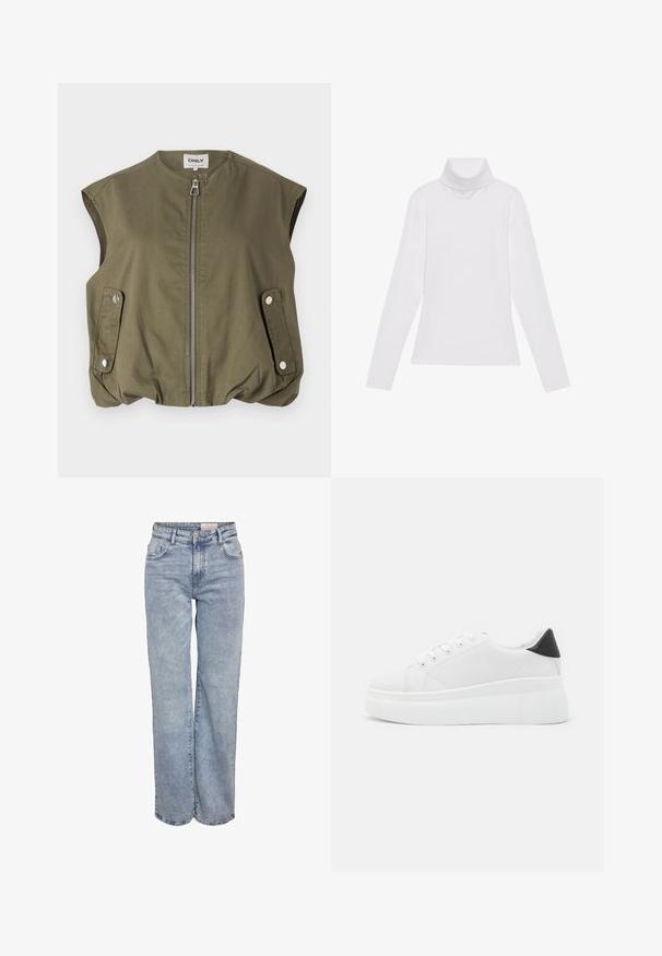 Gilet senza maniche verde oliva realizzato in tessuto leggero, caratterizzato da una chiusura frontale con zip, tasche con bottone e un orlo inferiore arricciato.; Maglia a maniche lunghe bianca a collo alto realizzata in tessuto morbido ed elastico. Presenta un colletto alto e un design aderente, senza motivi o decorazioni visibili.; Jeans a gamba larga di colore azzurro chiaro realizzati in denim, con vita alta, design a cinque tasche e leggera scoloritura per un aspetto vissuto.; Sneakers platform bianchi realizzati in materiale sintetico liscio, con punta arrotondata, design con lacci e suola in gomma texture. Accento nero nel tallone.