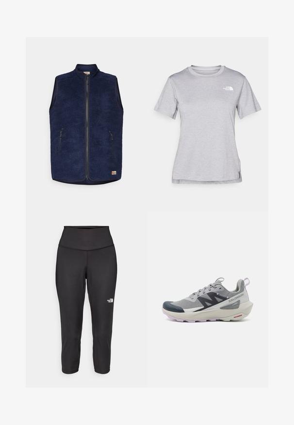 Colete de polar azul-marinho com gola alta, fecho frontal com zip e dois bolsos laterais com zip. Textura suave e design isolante para aquecimento.; T-shirt cinza de mangas curtas feito de um tecido suave e que absorve a humidade. Apresenta um decote redondo e um pequeno logotipo branco na parte superior esquerda.; Leggings capri pretos feitos de um tecido elástico, com uma cintura alta e um pequeno logótipo branco no lado esquerdo. Textura suave.; O sapato de corrida Salomon em cinza e azul-marinho apresenta um upper de malha respirável, biqueira de borracha e sola texturizada com acabamentos em lavanda.