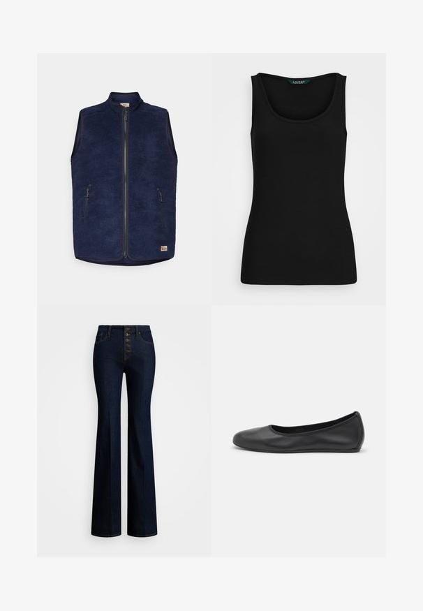 Mornarsko plava flis prsluk s visokim ovratnikom, prednjim zatvaračem na munje i dva bočna džepa na munje. Mekana tekstura i izolirani dizajn za toplinu.; Crni rebrasti top bez rukava s zaobljenim izrezom, priljubljen oblikom i neprimjetnim rubovima. Tkanina je meka i rastezljiva. Na oznaci piše "LAUREN."; Visoke traperice sa širokim nogavicama u tamnom denimu s pet dugmadi u prednjem dijelu, kontrastnim žutim šavovima i glatkom teksturom.; Crne kožne baletanke s zaobljenim vrhom, glatke teksture, minimalnim detaljima šavova i fleksibilnim dizajnom potplata.