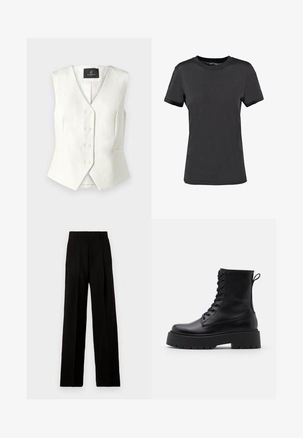 Bruuns Bazaar STATICE BIELLE WAISTCOAT - Waistcoat - snow white; Black short-sleeve t-shirt made of smooth fabric. Features a crew neck with no visible patterns or accents, offering a simple design.; Black wide-leg trousers made of smooth fabric, featuring a high waist, front pleats, and a clean, tailored design without embellishments.; Black leather ankle boots with a round toe, lace-up front, and a thick rubber sole featuring a textured tread. Pull tab at the back.