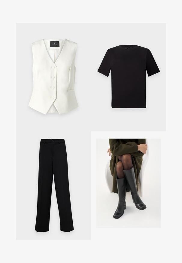 Bruuns Bazaar STATICE BIELLE WAISTCOAT - Vestă - snow white; Tricou scurt negru cu mânecă scurtă și guler rotund, realizat dintr-un material de bumbac moale. Design simplu, fără logo-uri sau modele vizibile.; Pantaloni negri cu croi larg, dintr-un material neted, având un talie clasică cu închidere prin buton și plisuri frontale.; Cizme din piele neagră, până la genunchi, cu vârf pătrat și toc bloc, prezentate pe un model așezat într-o haină verde măsline. Textură netedă, detalii minime.