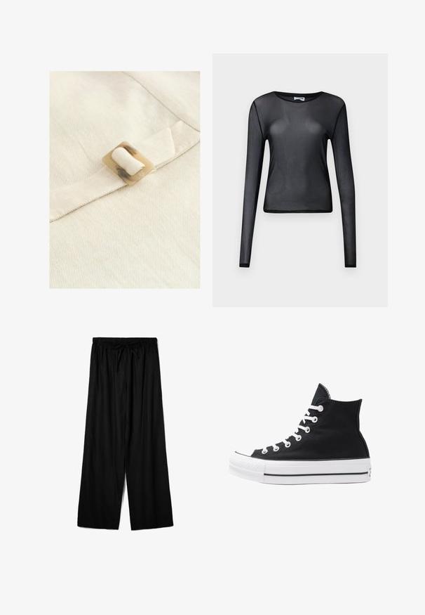 Lichtbeige stof met een horizontale ribbelstructuur, met een vierkante, lichtschildpadkleurige gesp bevestigd aan een stoffen band.; Zwarte lange mouw top van transparant materiaal, met een ronde halslijn en een slanke pasvorm, voorzien van fijn afgewerkte zomen.; Zwarte wijde broekspijpen gemaakt van lichtgewicht stof, met een elastische tailleband en een trekkoord voor een verstelbare pasvorm. Soepele textuur.; Hoge zwarte canvas sneaker met witte oogjes, veters en rubberen zool. Beschikt over een gestructureerde neuskap en zwart-witte streepaccenten.