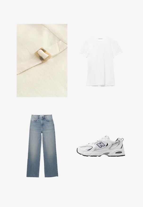 Vaaleanbeige kangas, jossa on vaakaurittainen rakenne, ja joka sisältää neliömäisen, vaalean kilpikonnan kuorivärisen soljen kiinnitettynä kangashihnalle.; Valkoinen lyhythihainen t-paita, joka on valmistettu sileästä kankaasta, ja jossa on pyöreä pääntie sekä hillityt ompelutiedot helmassa.; Vaaleansiniset leveälahkeiset farkut, joissa on korkeavyötärö, etutaskut ja nappikiinnitys. Suora pinta, jossa on haalistuneita kohtia.; Valkoinen urheilushoe, jossa on verkkomateriaali päällä, laivastonsiniset yksityiskohdat ja pehmeä pohja. Varustettu "N"-logolla, nauhoilla ja teksturoidulla yksityiskohdalla sivussa.