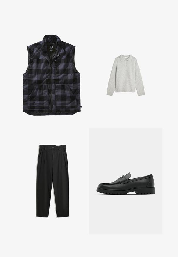 Svart och grå rutig väst med hög krage, framzip och två stora sidofickor. Mjuk textur och kviltad design.; Grå stickad tröja med krage, tre knappar fram och ribbad nederkant. Tyget verkar mjukt och texturerat, med en avslappnad passform.; Svarta bomullsshorts med avslappnad passform, med en klassisk midja, framveck och sidfickor. Slät textur utan mönster.; Svarta lädersneakers med rund tå, med en sydd design, låg plattformssula och en texturerad, mönstrad gummisula.