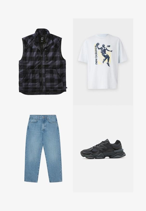 Črno-siv karirast jopič z visokim ovratnikom, sprednjim zadrgo in dvema velikima stranskima žepoma. Mehka tekstura in prezračen dizajn.; Svetlo modra bombažna majica s temno silhueto košarkarja in besedilom "new balance" v kontrastnih barvah. Kratki rokavi.; Svijetloplavi traper široki traperice s visokim strukom, s pet džepova, petljama za remen i mekom, pomalo izblijedjelom teksturom.; Črne tekaške superge, ki združujejo mrežaste in sintetične materiale, imajo debel podplat, ukrivljen oblikovni slog ter izrazito blagovno znamko na strani.