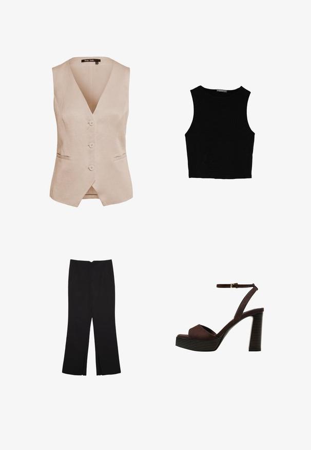 Beige sleeveless vest in a linen blend, featuring a deep V-neck, five buttons, and two side pockets. Classic straight shape with a subtle texture.; Black sleeveless crop top made of smooth fabric, featuring a round neck and a clean, simple design without patterns or hardware.; Black trousers with a straight fit, featuring front pockets and side slits at the hem. Made of soft, smooth fabric. Suitable for various occasions.; Brown suede high-heeled sandal with an open toe, adjustable ankle strap, and a striped platform sole.