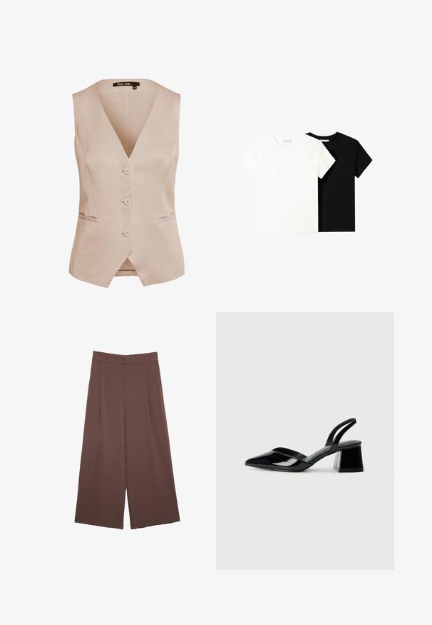 Beige ärmellose Weste aus einem Leinenmix, mit tiefem V-Ausschnitt, fünf Knöpfen und zwei Seitentaschen. Klassische gerade Form mit subtiler Textur.; Zwei kurzärmelige T-Shirts, eines weiß und eines schwarz, aus Baumwolle. Beide haben einen runden Halsausschnitt und ein einfaches, klassisches Design.; Braune Weite-Leg-Hosen mit einer glatten Textur, hoher Taille und Vorderfalten. Der Stoff ist leicht und fällt locker.; Schwarze Lackleder-Slingback-High Heels mit spitzem Schuh und einem geometrischen Blockabsatz. Verfügt über ein schlankes, minimalistisches Design und eine glatte Textur.