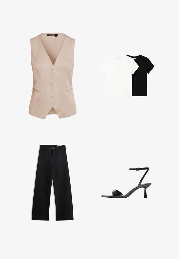 Beige sleeveless vest in a linen blend, featuring a deep V-neck, five buttons, and two side pockets. Classic straight shape with a subtle texture.; Two short-sleeve t-shirts, one white and one black, made of cotton. Both feature a round neckline and a simple, classic design.; Black wide-leg denim pants with a high waist, featuring front and back pockets, stitched seams, and a button closure. Smooth texture.; Bershka High heeled sandals - black