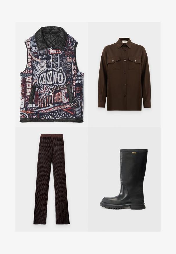 Siuvinėtas liemenės, turinčios daugiaspalvį, grafišką megztą raštą su įvairiais ženklų motyvais ir lygiu juodu audiniu apykakle bei kišenėmis.; Tamsiai rudas ilgarankovis mygtukų marškiniai su dviem kišenėmis ant krūtinės ir klasikiniais apykakle, pristatomas prieš paprastą baltą foną.; Juodos plačios kojos kelnės su tekstūruotu raštu raudonos ir bronzinės spalvos atspalviais, turinčios elastingą juosmenį ir laisvą siluetą.; Juodas odinis iki kelių batas su tekstūruotu paviršiumi, apvaliu pirštu ir storesniu guminiu padu. Viršuje yra prekės ženklo plokštelė.