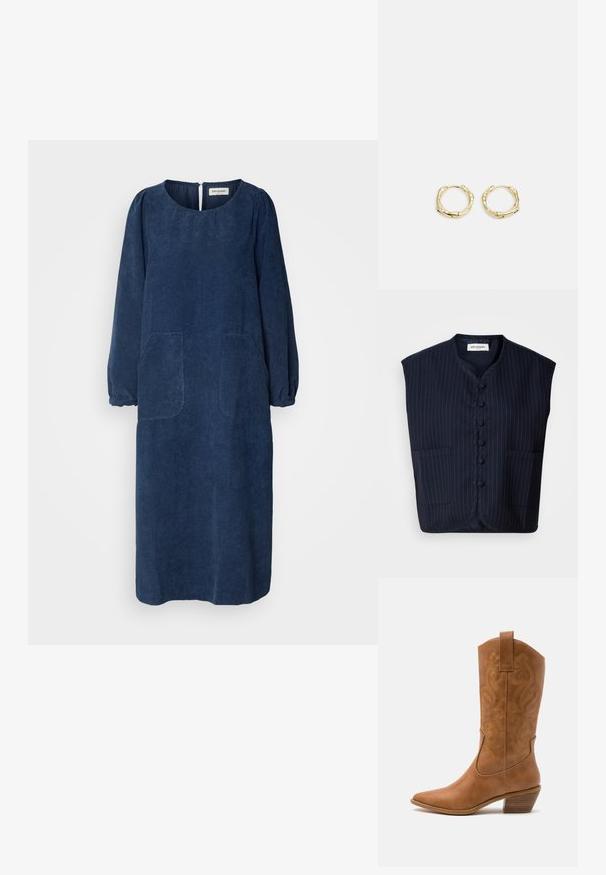 Colete sem mangas azul marinho com padrão de riscas, fecho à frente com botões, colarinho mandarim e dois bolsos frontais. Tecido suave, forma estruturada.; Vestido de veludo cotelê azul-marinho com mangas compridas e bufantes, decote redondo, dois bolsos frontais e uma abertura em forma de chave nas costas. Tecido suave e texturizado.; Bota de cowboy em couro cáqui com bico pontiagudo, padrões de bordado em espiral no cano e um salto em bloco empilhado. Inclui uma alça para fácil calçar.; Saco hobo de couro preto com uma única alça suave e arredondada; apresenta uma textura suave e um design minimalista. Sem hardware ou acabamentos visíveis.; Brincos de argola dourados com um formato irregular e texturizado. Apresentam um fecho sem emenda e um acabamento polido, destacando um design moderno.
