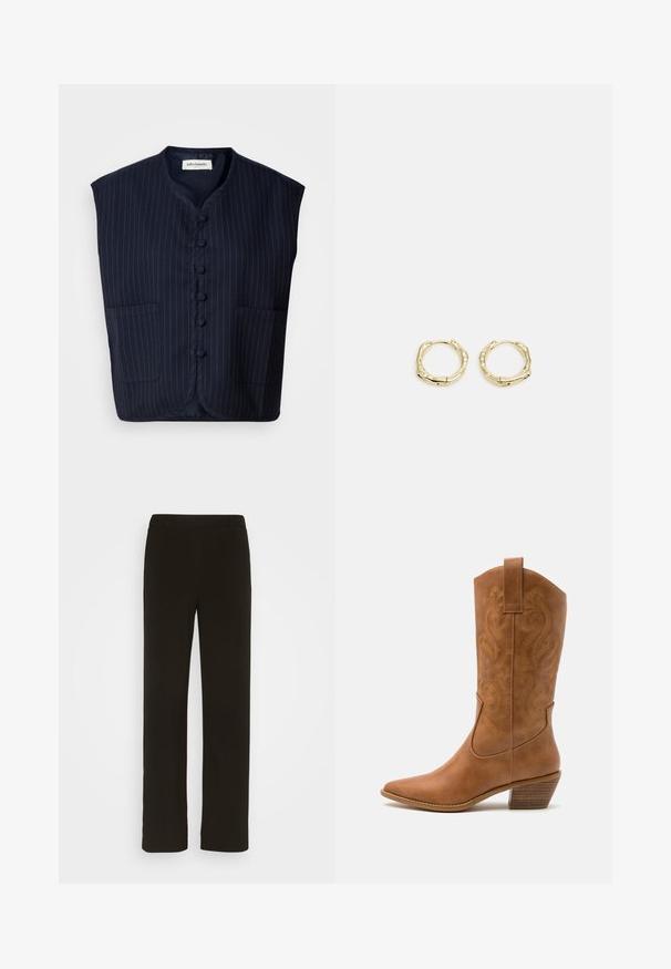 Tumši zila bez piedurknēm veste ar svītru rakstu, ar pogu priekšpusi, mandarina tipa apkakli un divām priekšējām kabatām. Mīksta auduma, strukturēta forma.; Brūns adīts džemperis ar ribotu tekstūru, apaļu kakla izgriezumu un garām piedurknēm. Satur kontrastējošu ribotu apdari gar pleciem.; Melni taisni bikses, izgatavotas no austas auduma, ar gludu priekšpusi, divām sānu kabatām un gludu tekstūru. Nav redzamu rakstu vai akcentu.; Brūni ādas kovboju zābaks ar norādītu purngalu, izšūtām viļņveida apakšējo detaļu un sakrautajiem blokiem. Iezīmēts ar velkšanas cilpu ērtai uzvilkšanai.; Zelta riņķveida auskari ar tekstūru un neregulāru formu. Iekļauj bezšuvju aizdari un pulētu virsmas apdari, uzsverot mūsdienīgu dizainu.