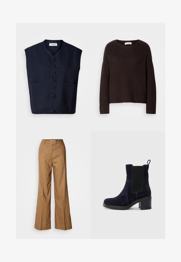 Tmavě modrá bezrukávová vesta s pruhovaným vzorem, zapínání na knoflíky, mandarínský límec a dvě přední kapsy. Měkká tkanina, strukturovaný tvar.; Tmavě hnědý pletený svetr s kulatým výstřihem, spadlými rameny a žebrovanou texturou po celé ploše. Jednoduchý, uvolněný střih.; Hnědé široké kalhoty vyrobené z lehké tkaniny. Mají plochý přední díl, poutka na pásek a upravený siluetu s délkou ke kotníkům.; Námorně modré semišové kotníkové boty s elastickým bočním panelem, kulatou špičkou a blokovým podpatkem. Texturovaná tkanina a hladká podrážka vytvářejí kontrast.
