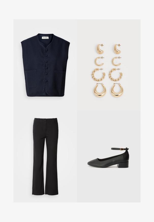 Vesta fără mâneci de un albastru închis, cu un model cu dungi, cu închidere cu nasturi, guler mandarin și două buzunare frontale. Material moale, formă structurată.; Cămașă albă din in, cu mânecă lungă și guler cu nasturi. Are un buzunar frontal și o croială relaxată, ușor supradimensionată. Material texturat.; Pantaloni negri dintr-un amestec de bumbac, cu un design drept, închidere frontală cu buton și două buzunare laterale. Textură netedă, fără modele vizibile.; Pantof cu toc negru din piele, cu vârf ascuțit și toc mic pătrat. Dispune de o curea la gleznă cu o cataramă în tonuri de aur. Textură netedă.; Set de cinci cercei din aur, prezentând diferite modele: suprafețe răsucite, cu caneluri și netede, în forme de cerc și semilună.