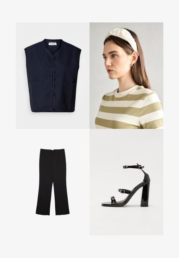 Mornariće plava bezrukavna jakna s prugastim uzorkom, kopčanje na gumbe, mandarin kragna i dva prednja džepa. Mekana tkanina, strukturirani oblik.; Set od dvije duge majice s dugim rukavima u bijeloj i crnoj boji. Rebrasta tekstura, okrugli izrez, uski kroj s blago raširenim rukavima.; Crne hlače ravnog kroja, s prednjim džepovima i bočnim prorezima na rubu. Izrađene od mekog i glatkog materijala. Pogodne za razne prigode.; Crne lakirane sandale na visoku petu s dva remena s kopčama, kvadratnim vrhom i masivnom blok petom, s glatkom, sjajnom teksturom.; Kremasta podstavljena trakica za glavu s uvijenim dizajnom, uparen s bež i bijelom prugastom majicom s okruglim izrezom. Suptilni dodaci nakita.