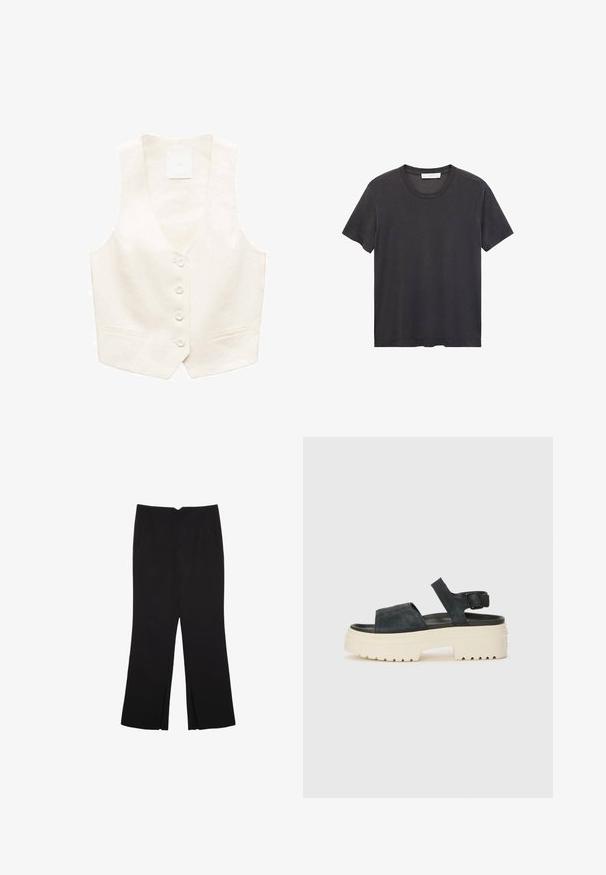 Smanicato in lino avorio con scollatura a V, sei bottoni e due tasche frontali. Tessuto liscio con una vestibilità su misura e design minimalista.; T-shirt nera a girocollo realizzata in cotone morbido. Maniche corte, vestibilità rilassata e orlo dritto senza decorazioni né motivi.; Pantaloni neri a gamba dritta, con tasche frontali e spacchi laterali all'orlo. Realizzati in tessuto morbido e liscio. Adatti a diverse occasioni.; Sandali platform in suede neri con una robusta suola bianca, ampia fascia frontale e fibbia regolabile alla caviglia. Suola testurizzata per una migliore aderenza.