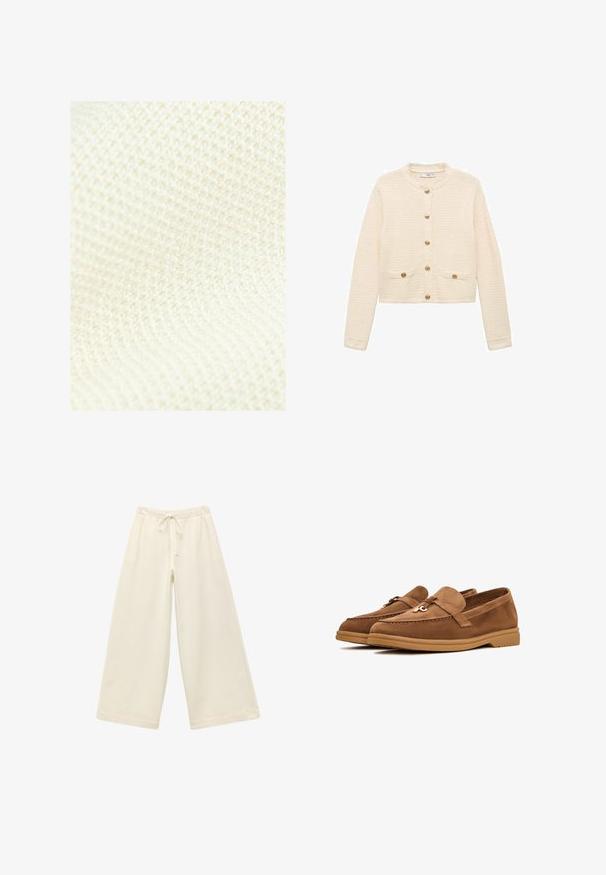 Next REGULAR FIT - Bodywarmer - white ecru; Crème-kleurig vest gemaakt van textuurstof, met lange mouwen, een ronde halslijn, gouden knopen en voorzakken.; Garen gebreide mouwloze top in ivoor met een textuur, open geweven ontwerp. Golvende randen bij de armsgaten en de onderste zoom voegen details toe.; Crèmekleurige wijde broek met een elastische tailleband en trekkoord. Glad textuur, knielang, met een loose fit en zonder zichtbare patronen.; Bruine suède instappers met een platte zool, voorzien van een decoratieve strik en subtiele stiksels. Rond ontwerp van de neus.