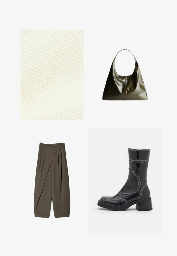 Next REGULAR FIT - Veste sans manches - white ecru; Pull en maille gris clair à manches longues avec un ourlet et des poignets côtelés, doté d'un col en V et d'une coupe décontractée.; Pantalons à coupe large en tissu vert olive foncé, avec une finition plissée à l'avant, une fermeture à bouton et une surface texturée brillante.; Bottine en cuir verni noir avec des coutures blanches, bout arrondi et talon carré. Présente des lignes de design courbées et une texture lisse.; Sac à épaule en cuir vert olive avec une finition lisse et brillante. Présente un sommet arrondi et une forme douce et drapée. Design minimaliste.