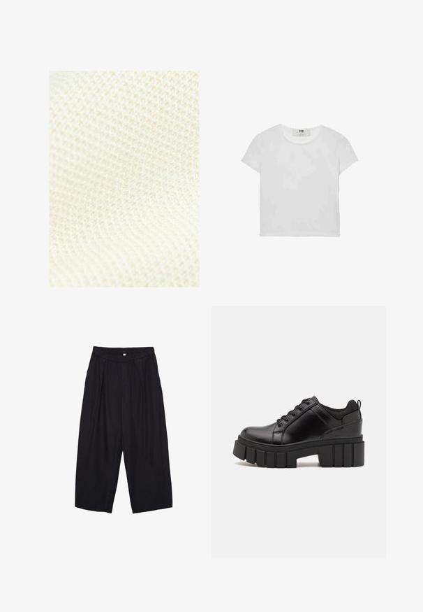 Next REGULAR FIT - Weste - white ecru; Weißes T-Shirt mit kurzen Ärmeln und Rundhalsausschnitt, aus weicher Baumwolle gefertigt, mit einem schlichten, sauberen Design ohne sichtbare Muster oder Akzente.; Schwarze Polyester-Culotte mit einem elastischen Bund, zwei vorderen Falten und einer lockeren Silhouette. Keine sichtbaren Muster oder Hardware-Details.; Schwarze Lederplateauschuhe mit klobigem Blockabsatz, runder Zehenpartie und traditionellem Schnürdesign. Verfügt über eine glatte Textur und minimale Details.