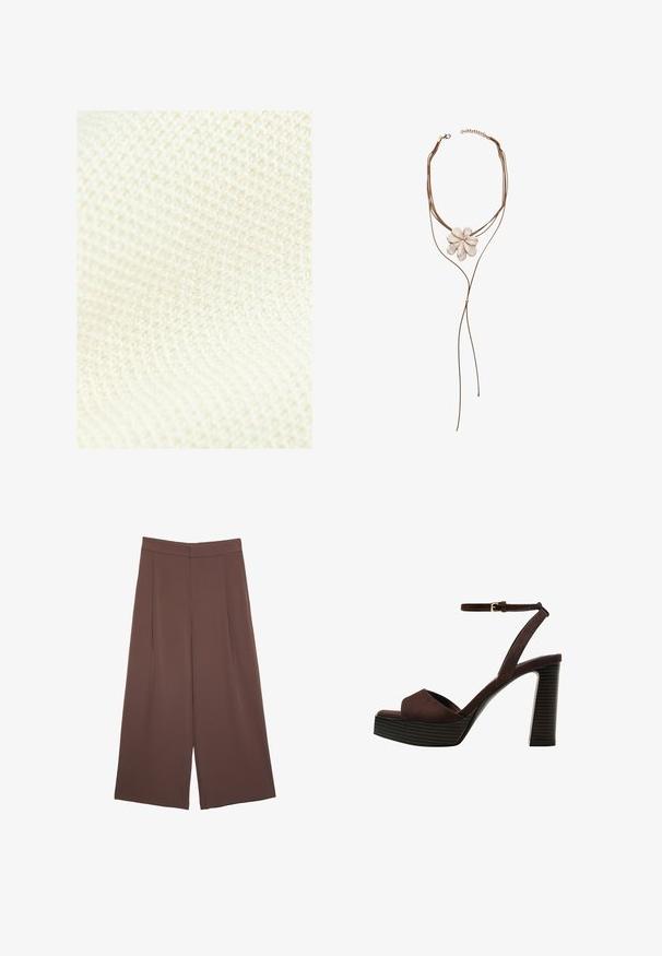 Next REGULAR FIT - Veste sans manches - white ecru; T-shirt en coton brun avec des manches courtes et un décolleté en V profond. Design simple, texture douce et ourlet droit. Pas de motifs ni d'accents.; Pantalons larges marron avec une texture lisse, dotés d'une taille haute et de plis à l'avant. Le tissu est léger et tombe de manière fluide.; Sandale à talons hauts en suede marron avec un bout ouvert, une bride de cheville réglable et une semelle de plateforme rayée.; Stradivarius FLORAL - Collier - beige