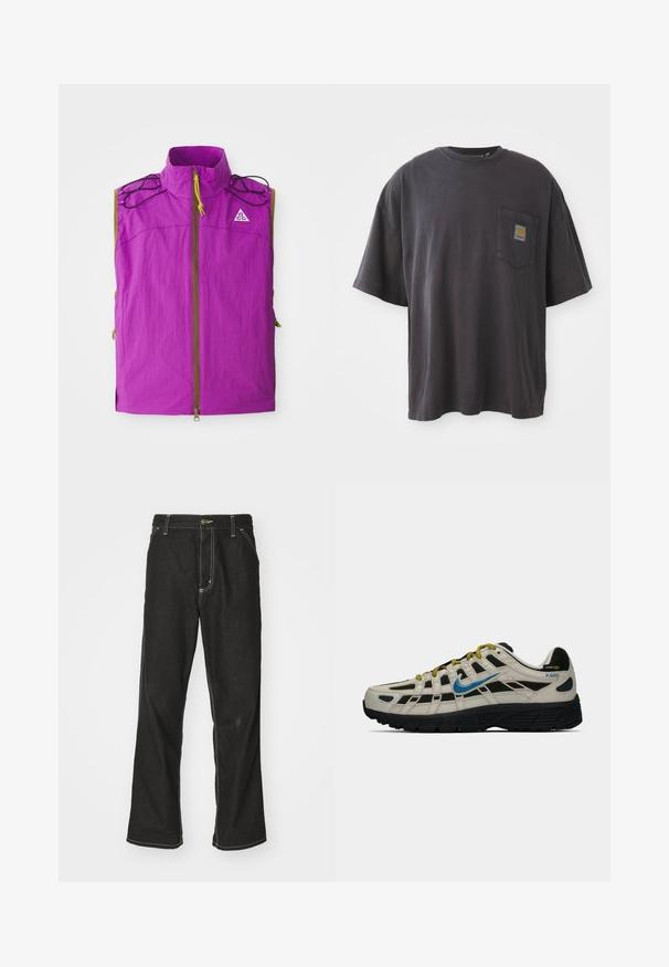 Vijolična brezrokavna jopica z visokim ovratnikom, sprednjim zadrgo, črnimi vrvami na ramenih in majhnim belim trikotnim logom na prsih.; Črna bombažna majica s kratkimi rokavi, okroglim izrezom in žepom na levi strani prsi, ki vključuje kvadratno oznako. Preprost in neopazen dizajn.; Črne jeans hlače ohlapenega kroja, ki imajo kontrastno belo šivanje, zapiranje na gumb in ravno nogavico.; Bež in črne Nike P-6000 superge z modrim logotipom, rumenimi vezalkami, črnim podplatom in oznako iz Cordura tkanine na peti.