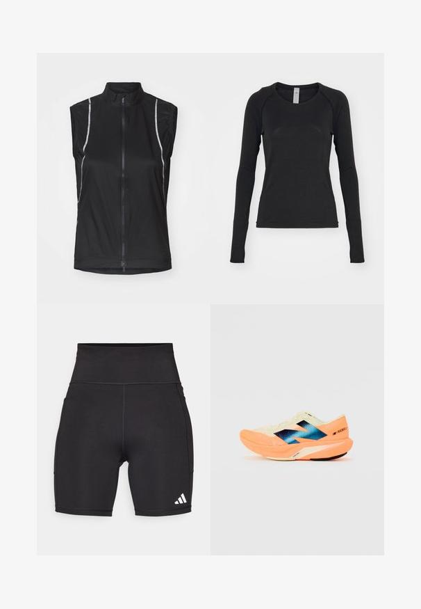 Melna bez piedurknēm velosipēda veste, kas izgatavota no viegla auduma, ar priekšējo rāvējslēdzēju un atstarotājiem sānos redzamībai.; Melna garām piedurknēm krekls, izgatavots no mīksta auduma. Iekļauj apaļu kakla izgriezumu un raglan piedurknes ar caurumiem īkšķiem pie aprocēm. Minimalistisks dizains.; Melni sporta šorti, izgatavoti no elastīgas auduma. Augsts jostasvērthe, ap vidukļa garumu, ar baltu trīs svītru logo apakšējā kreisajā pusē.; Skriešanas apavi ar vieglu krēmkrāsas augšdaļu, zilu zīmolu un oranžiem akcents uz zoles. Acu tekstūra gaisa caurlaidībai.
