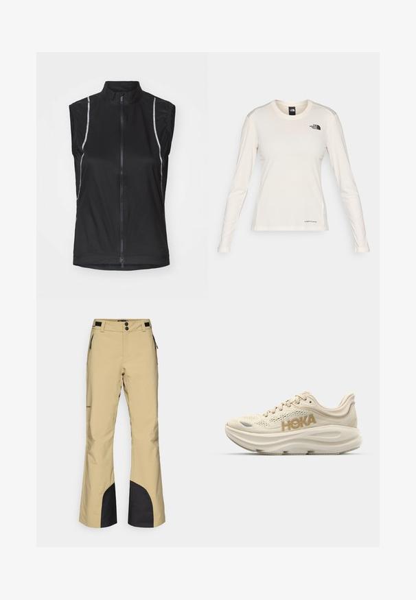 Zwarte mouwloze fietsvest gemaakt van lichtgewicht stof, met een rits aan de voorkant en reflecterende accenten aan de zijkanten voor zichtbaarheid.; The North Face SHADOW LONG SLEEVE - Longsleeve - white dune; Beige skibroek met een uitlopende design, voorzien van zwarte accenten op de onderbenen en zijzakken met rits. Gemaakt van duurzaam, vochtbestendig materiaal.; Licht beige hardloopschoen met een bovenwerk van mesh, een gevoerde kraag, een prominent "HOKA" logo in goud en een dikke, gevoerde zool voor comfort.