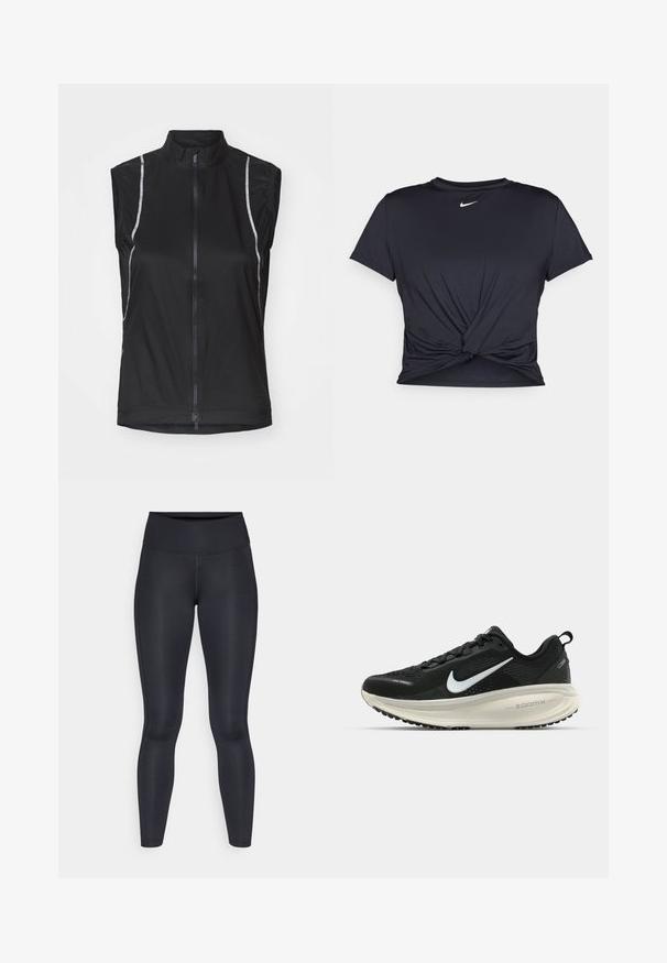 Melna bez piedurknēm velosipēda veste, kas izgatavota no viegla auduma, ar priekšējo rāvējslēdzēju un atstarotājiem sānos redzamībai.; Melna sporta t-kreklu ar gludu audumu, ar mezglošanas priekšpusi un mazu baltu Nike logotipu uz krūšu daļas.; Melnas legingi, izgatavoti no gludas, elastīgas auduma. Augsts jostasvieta bez redzamām rakstiem vai akcentiem. Cieši pieguļ no jostas līdz potītēm.; Melnas Nike skriešanas kurpes ar elpojošu acs augšdaļu, baltu Swoosh logotipu, strukturētu apdari un krēmkrāsas ZoomX starpsole.