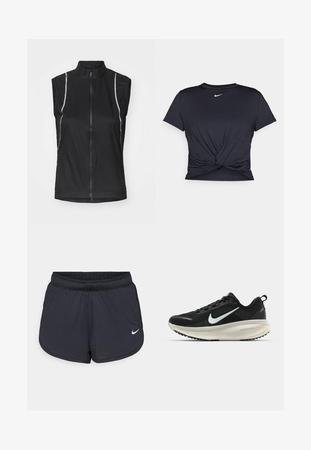 Must have musta kergest kangast, sinine ilma varrukateta jalgrattavest, millel on ees lukk ja külgedel peegeldavad detailid nähtavuse jaoks.; Mustmust musta sportlik T-särk, mis on valmistatud sujuvast kangast, millel on sõlmega esikülg ja väike valge Nike logo rinnal.; Mustad sportlikud lühikesed püksid elastse vöökohaga, millel on spordilik disain ja valge Nike logo alumisel esiküljel. Kootud kangas.; Musthave mustus Nike jooksujalats, millel on hingav võrgust ülemine osa, valge swoosh logo, tekstuuriga detailid ja kreemja värvusega ZoomX vahevöö.