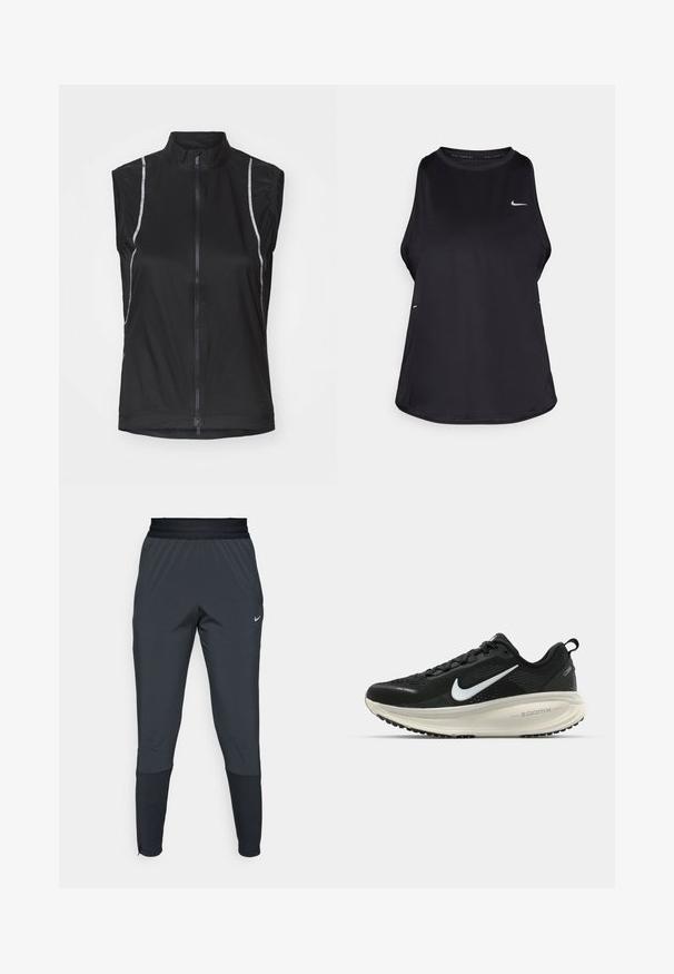 Schwarze ärmellose Radweste aus leichtem Material, mit einem Reißverschluss an der Vorderseite und reflektierenden Akzenten an den Seiten für bessere Sichtbarkeit.; Schwarzes ärmelloses Lauf-Tanktop aus leichtem Material mit Rundhalsausschnitt; verfügt über ein dezentes Logo und Seitenschlitze für Atmungsaktivität.; Dunkle graue Nike Sporthosen mit einem schmal zulaufenden Bein-Design, elastischem Bund und Akzentdetails in der Nähe der Bündchen.; Schwarzer Nike-Laufschuh mit atmungsaktivem Mesh-Obermaterial, weißem Swoosh-Logo, strukturierten Details und einer cremefarbenen ZoomX-Zwischensohle.
