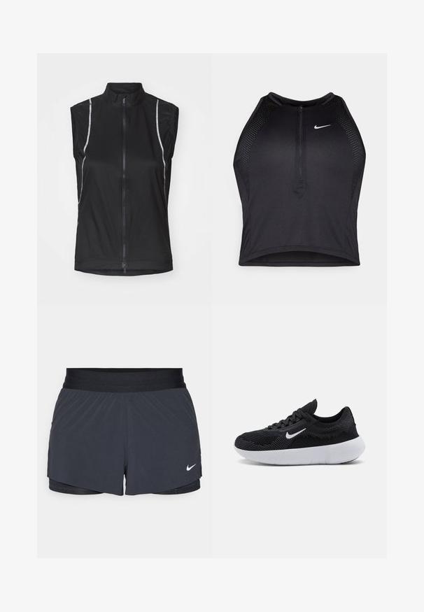 Black sleeveless cycling vest made of lightweight fabric, featuring a front zipper and reflective accents on the sides for visibility.; Black athletic crop top with a zip-front, mesh accents, and a fitted design. Made from stretchy, breathable fabric. Nike logo on front.; Black athletic shorts with an elastic waistband, featuring a layered design and a small white Nike logo on the lower left. Lightweight material.; Black athletic shoe with a mesh upper, textured design, round toe, white rubber sole, and a Nike logo on the side.