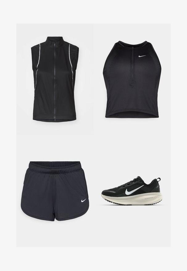 Crni bezrukavni biciklistički prsluk izrađen od lagane tkanine, s prednjim zipom i reflektirajućim detaljima sa strane za bolju vidljivost.; Crni sportski crop top s patentnim zatvaračem, mrežastim detaljima i prilagođenim dizajnom. Izrađen od rastezljivog, prozračnog materijala. Nike logo na prednjoj strani.; Crne atletske kratke hlače napravljene od laganog, prozračnog materijala. Imaju elastičnu traku u struku i bijeli Nike logo na donjoj desnoj strani.; Crne Nike trkačke tenisice s prozračnom mrežastom gornjom konstrukcijom, bijelim swoosh logotipom, teksturiranim detaljima i kremastom ZoomX srednjom potplatnom jedinicom.