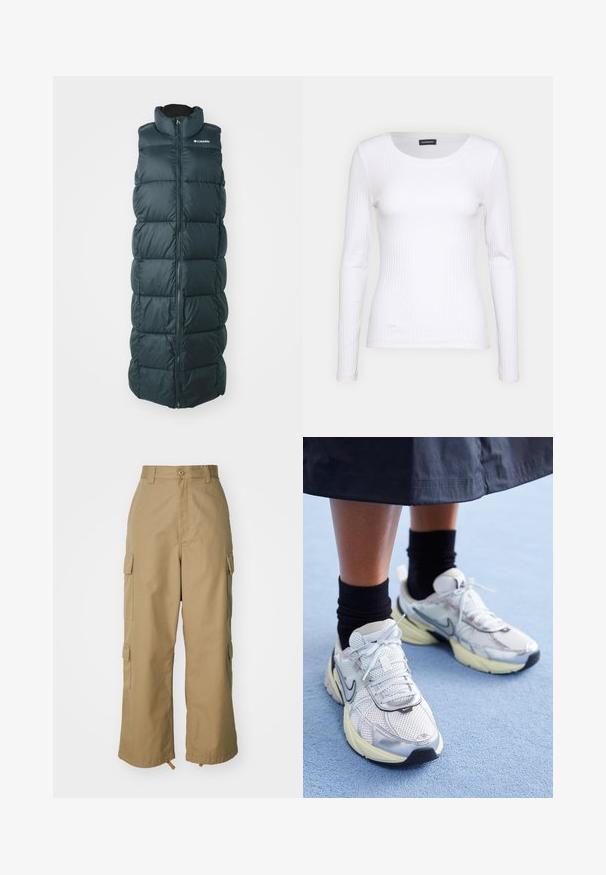 Długi, ciemnozielony kamizelka puchowa z wysokim kołnierzem i zapięciem na zamek. Posiada pikowane sekcje i gładką teksturę, zaprojektowaną z myślą o ciepłocie.; Biała, prążkowana bluzka z długim rękawem i okrągłym dekoltem. Wykonana z elastycznej tkaniny, która dobrze przylega do ciała. Posiada subtelne poziome pasy.; Beżowe spodnie cargo z wysokim stanem, szerokimi nogawkami i czterema dużymi bocznymi kieszeniami. Wykonane z trwałego materiału o gładkiej fakturze i minimalnych detalach.; Białe i srebrne sneakersy Nike z siateczkowym materiałem, odblaskowymi akcentami i beżową podeszwą. Noszone z czarnymi skarpetkami, stojące na niebieskiej powierzchni.
