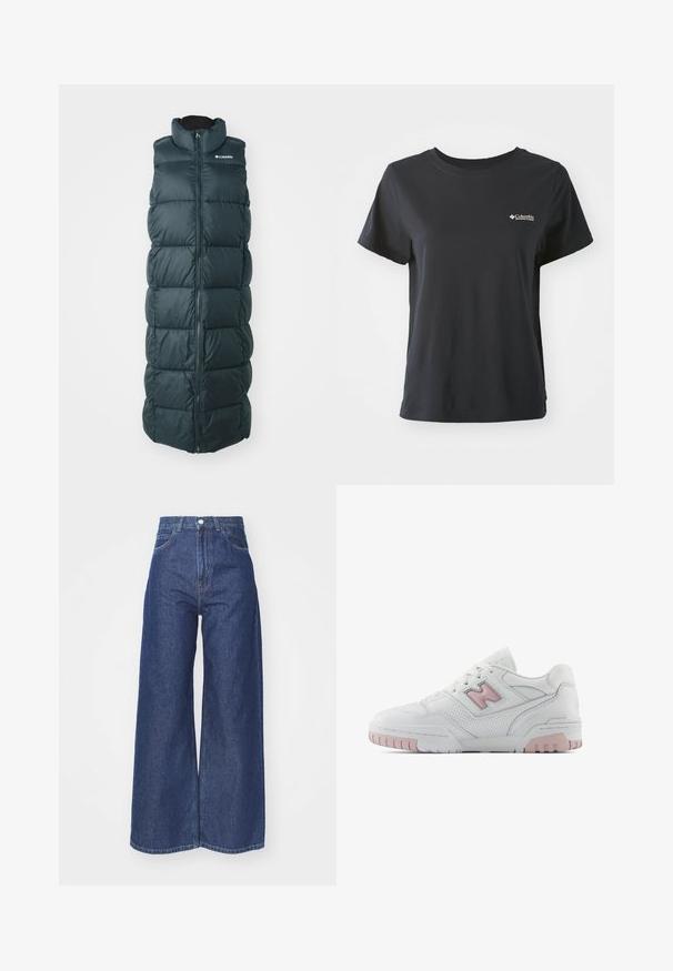 Lange, dunkelgrüne Steppweste mit hohem Kragen und Reißverschluss. Verfügt über gesteppten Abschnitte und eine glatte Textur, die für Wärme sorgt.; Schwarzes Baumwoll-T-Shirt mit kurzen Ärmeln, rundem Ausschnitt und kleinem weißen Columbia Sportswear-Logo auf der linken Brust.; Hellebeinsjeans aus dunkelblauem Denim. Hohe Taille mit Reißverschluss und Knopfverschluss. Klassische Fünf-Taschen-Optik und gesäumte Kanten.; Weiße Sportschuh mit pinken Akzenten. Verfügt über glattes Leder, perforierte Abschnitte und eine dicke Gummisohle. Die Schnürsenkel sind im Standardstil.