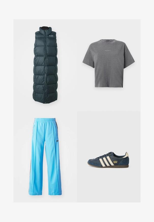 Lange, dunkelgrüne Steppweste mit hohem Kragen und Reißverschluss. Verfügt über gesteppten Abschnitte und eine glatte Textur, die für Wärme sorgt.; Graues kurzärmliges Cropped-T-Shirt mit Rundhalsausschnitt und kleinem, zentrierten weißen "Carhartt"-Logo auf der Vorderseite.; Hellblaue Sporthose mit elastischem Bund, seitlichen Reißverschlüssen und schwarzen seitlichen Akzenten. Weicher Stoff mit schnittlosem, weit geschnittenem Design.; Marineblaue Wildledersneaker mit cremefarbenen Streifen, strukturiertem Zehenbereich, goldenem "adidas JAPAN"-Logo und brauner Gummisohle. Klassisches Low-Top-Design.