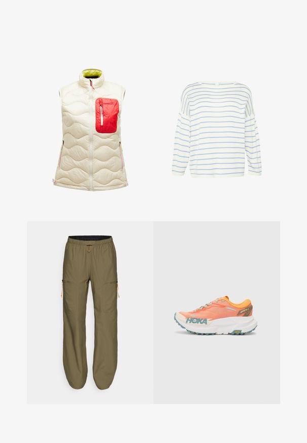 Vuorillinen hihaton liivi luonnonvalkoisena, jossa on punainen vetoketjullinen tasku. Ominaisuuksiin kuuluu aaltoileva kuvio, vetoketjukiinnitys ja erottuva vihreä vuori. Korostukset vaaleanpunaisina.; Valkoinen pitkähihaisinen paita, jossa on sinisiä vaakasuoria raitoja. Ominaisuuksiin kuuluu leveä pääntie ja tilava malli, valmistettu pehmeästä kankaasta, jossa on sileä rakenne.; Kevyt oliivinvihreä cargo-housut, joissa on joustava vyötärö ja oranssi nyöri; mukana vetoketjulliset sivutaskut ja ommellut yksityiskohdat.; Oranssi ja vaaleanpunainen juoksukenkä, jossa verkkopäällinen, valkoinen väli-osa, Vibram-pohja ja vaalean siniset yksityiskohdat. HOKA-logot löytyvät sivulta.