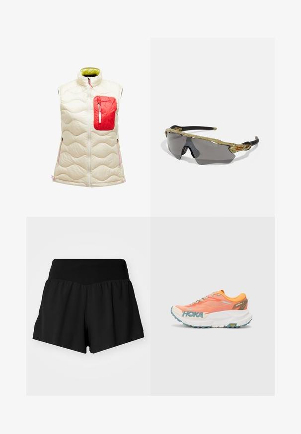Vuorillinen hihaton liivi luonnonvalkoisena, jossa on punainen vetoketjullinen tasku. Ominaisuuksiin kuuluu aaltoileva kuvio, vetoketjukiinnitys ja erottuva vihreä vuori. Korostukset vaaleanpunaisina.; Valkoinen lyhythihainen t-paita, joka on valmistettu puuvillasta, ja jossa on pyöreä kaula-aukko sekä etupuolella mustalla painettuna teksti "TAKE IT EASY".; Mustat urheiluhousut, joissa on leveä, sileä vyötärö, löysä kangas A-linjaisella muodolla ja sivuaukot liikkumisen parantamiseksi.; Oranssi ja vaaleanpunainen juoksukenkä, jossa verkkopäällinen, valkoinen väli-osa, Vibram-pohja ja vaalean siniset yksityiskohdat. HOKA-logot löytyvät sivulta.; Urheilusilmälasit vihreällä kuviotetulla kehyksellä, mustilla varsilla ja harmailla linsseillä. Muotoilu sisältää ympärivuotisen tyylin, jossa on rohkea ja urheilullinen muoto.
