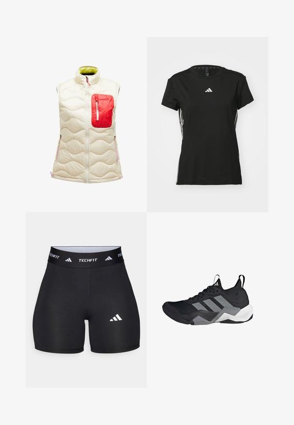 Vuorillinen hihaton liivi luonnonvalkoisena, jossa on punainen vetoketjullinen tasku. Ominaisuuksiin kuuluu aaltoileva kuvio, vetoketjukiinnitys ja erottuva vihreä vuori. Korostukset vaaleanpunaisina.; Mustat urheilu t-paita lyhyillä hihoilla, valmistettu synteettisestä materiaalista. Sisältää pienen valkoisen logon rinnassa ja valkoiset raidat sivuilla.; Lyhyet mustat shortsit, jotka on valmistettu joustavasta kankaasta ja joissa on muotoiltu malli. Ominaisuuksiin kuuluu leveä musta vyötärönauha, johon on merkitty "TECHFIT", sekä valkoinen logo jalassa.; Musta urheilukenkä, jossa on hengittävä verkko-yläosa, harmaat yksityiskohdat, teksturoitu pohja ja kolme erottuvaa raitaa sivussa.