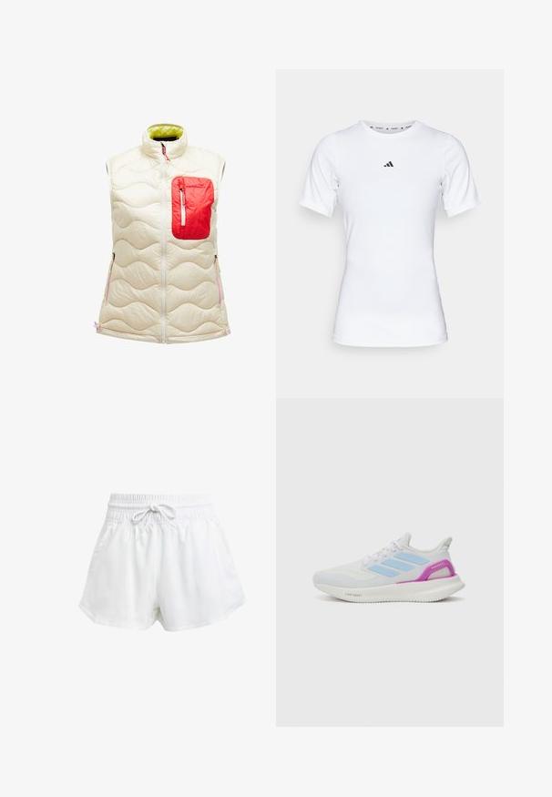 Podložena brezrokavnik v slonokoščeni barvi z rdečo žepno zadrgo. Značilnosti vključujejo valoviti vzorec, zadrgo spredaj in kontrastno zeleno podlogo. Akcenti v rožnati barvi.; Bela športna majica s kratkimi rokavi, narejena iz gladkega, elastičnega materiala. Na prsih ima majhen črn logotip Adidas.; Bela športna kratka hlače z elastičnim pasom in nastavljivim vrvico. Narejena iz lahkega materiala, z bočnimi žepi in ohlapnim prilegajočim se krojem.; adidas Performance PUREBOOST 5 - Tekaški copati za cesto - white/glow blue/purple burst