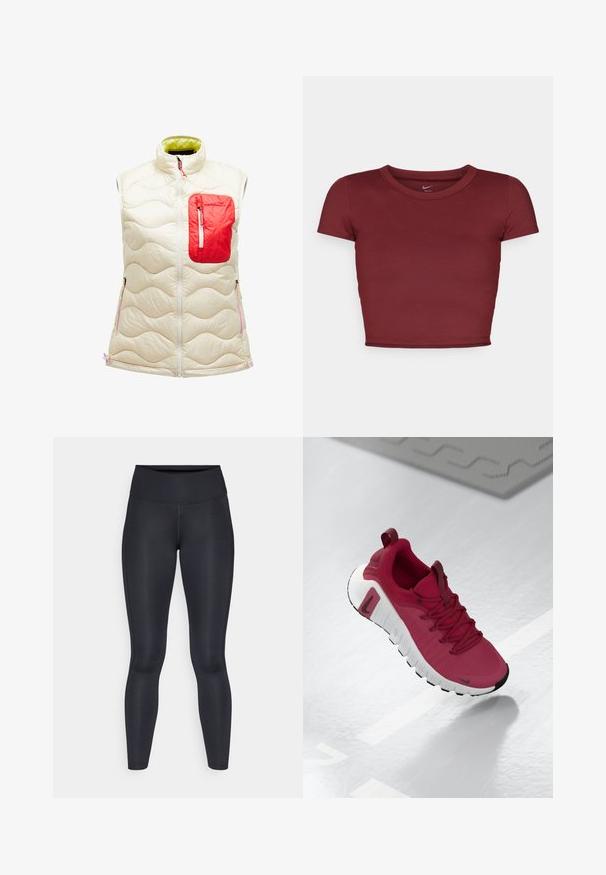 Podložena brezrokavnik v slonokoščeni barvi z rdečo žepno zadrgo. Značilnosti vključujejo valoviti vzorec, zadrgo spredaj in kontrastno zeleno podlogo. Akcenti v rožnati barvi.; Burgundska kratka majica s kratkimi rokavi iz gladkega materiala s krožnim izrezom. Minimalističen dizajn, brez vidnih logotipov ali vzorcev.; Črne legice narejene iz gladkega, elastičnega materiala. Visok pas brez vidnih vzorcev ali dodatkov. Tesno se prilegajo od pasu do gležnjev.; Rdeča športna čevlja z teksturirano zgornjščino, vezalkami in debelim belim podplatom. Ima kontrastno črno zaščito prstov in logo na strani.