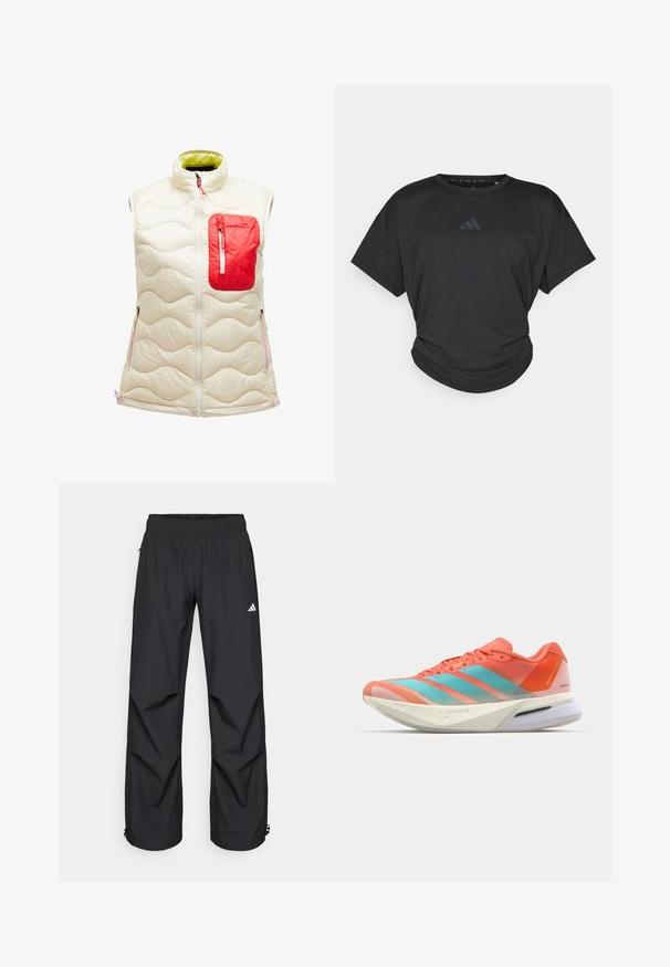 Gewatteerde mouwloze vest in ivoorkleur met een rode ritszak. Heeft een golfpatroon, een rits aan de voorkant en contrasterende groene voering. Accenten in roze.; Zwarte sportieve t-shirt met korte mouwen, ronde hals en een licht geplooide zoom. Heeft een subtiele donkere logo op de borst.; Zwarte, lichtgewicht, waterdichte broek met een elastische tailleband, zijzakken en verstelbare boorden. Voorzien van een wit logo op de linker bovenbeen.; Hardloopschoen met een ademende mesh bovenkant in koraal en aqua, voorzien van drie strepen, een gevoerde zool en een slank ontwerp.