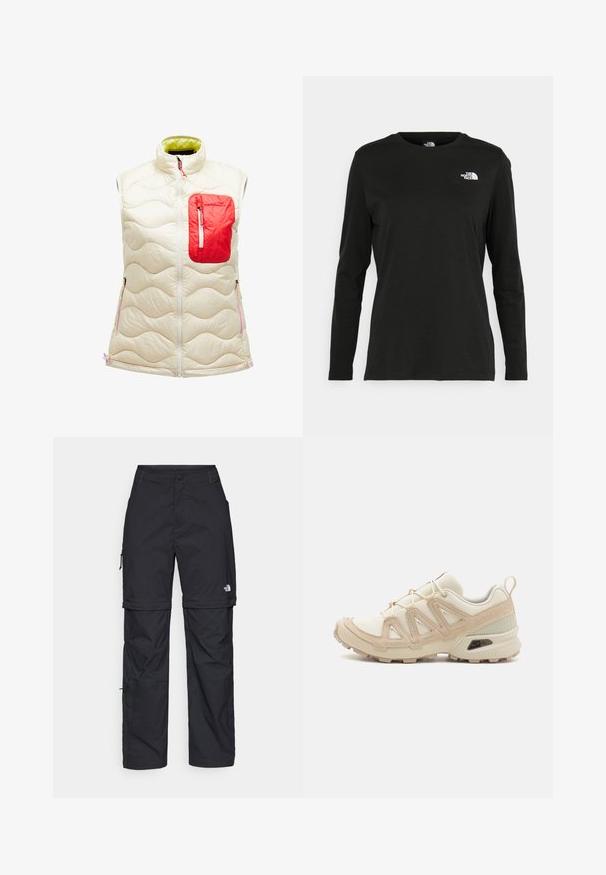 Ivoā sānu jaka ar siltinājumu, ar sarkanu rāvējslēdzēja kabatu. Iezīmē viļņu raksts, rāvējslēdzēja priekšpusi un kontrastējošu zaļu oderi. Akcenti rozā krāsā.; Melnas garām piedurknēm T-krekls, izgatavots no kokvilnas ar apaļu kaklu. Tam ir mazs balts logo kreisajā krūtīs. Vienkāršs dizains un piegulums.; Melni nailona bikses ar noņemamām kājām, regulējamiem uzmavām, vairākām kabatām un logotipu uz labās kājas. Gluda, viegla tekstūra.; Beige un krēma sporta apavi ar strukturētu tīkla virsmu, atbalstošajiem slāņiem un gumijas zoli ar protektoru rakstu, kas nodrošina saķeri.