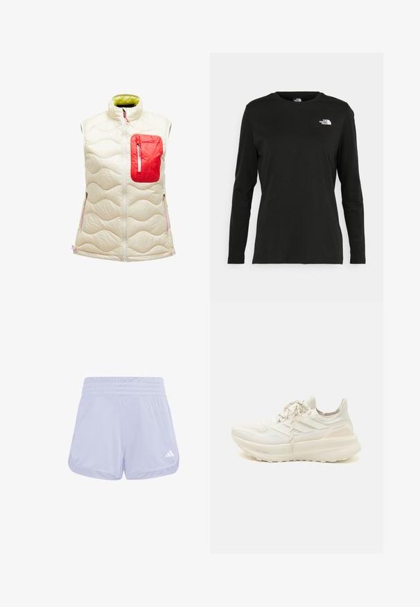 Chaleco acolchado sin mangas en marfil con un bolsillo con cremallera rojo. Presenta un patrón de olas, cremallera frontal y forro verde en contraste. Acentos en rosa.; Camiseta de manga larga negra de algodón con cuello redondo. Presenta un pequeño logotipo blanco en la parte izquierda del pecho. Diseño y ajuste simples.; Pantalones cortos deportivos de color púrpura claro con una textura suave, cinturilla elástica y logo blanco de Adidas en la esquina inferior derecha.; Zapatilla deportiva blanca con un upper texturizado, diseño de tres rayas, ligero acolchado y un acento en el talón de dos colores. Tecnología de suela ligera.