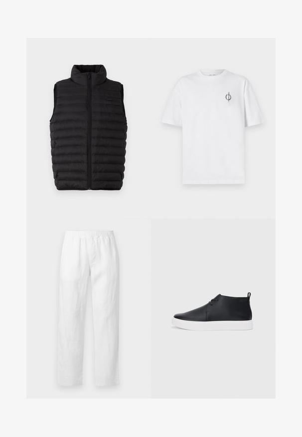 Črni puffasti brezrokavnik z visokim ovratnikom, popolnim zadrgo in prešito zasnovo za izolacijo. Narejen iz lahkega, vodoodpornega materiala.; Bela bombažna majica s sproščenim krojem, ki ima majhen črn grafični logotip na levem prsnem delu. Kratke rokave, okrogel izrez.; Bele lanene hlače z elastičnim pasom, ravnim krojem in mehko teksturo brez vidnih vzorcev ali kovinskih detajlov.; Črne usnjene visoke superge s gladko površino, bela gumijasta podloga in preprosta zasnova vezalk. Imajo držalo na hrbtni strani.