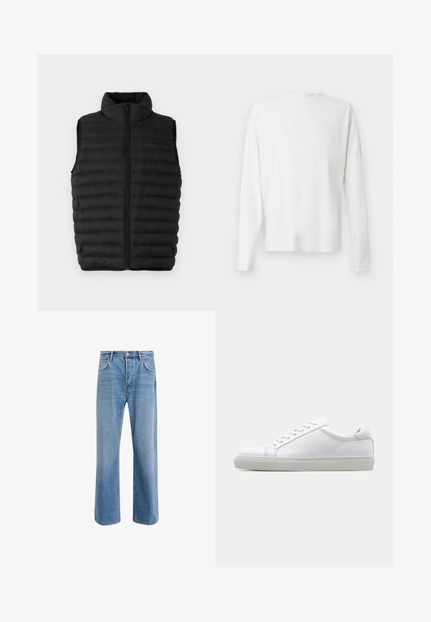 Svart pufferväst med hög krage, hel dragkedja och kviltad design för isolering. Tillverkad av lätt, vattenavvisande tyg.; Vit långärmad skjorta i bomull med rund halsringning, sidofickor längst ner och en slät yta, visad bakifrån.; Ljust blå denimjeans med rak passform, fem fickor, knappstängning, minimal blekning och kontrasterande sömdetaljer.; Vit sneaker med en slät läderövre och låg profil. Har en rundad tå, sex snörhål och en strukturerad gummisula.