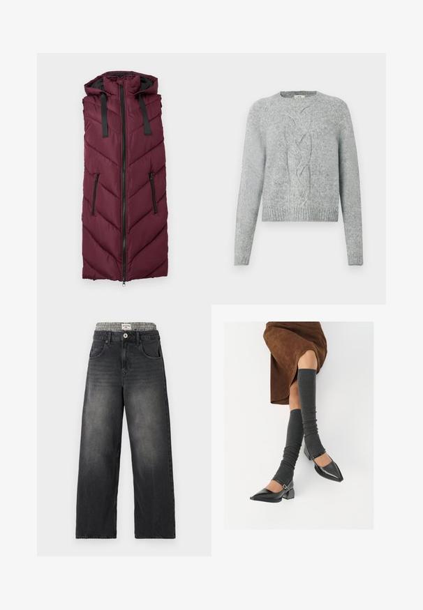 Burgunderfarbene Steppweste mit Kapuze, hervorgehoben durch ein Chevron-gestepptes Muster, mit frontalen Reißverschluss und zwei seitlichen Reißverschlusstaschen.; Hellegrauer Strickpullover mit langen Ärmeln, Rundhalsausschnitt und zentralem Zopfmuster auf der Vorderseite.; Schwarze Jeans mit weitem Bein aus Denim und einem Hahnentritt-Muster am Bund. Merkmale sind Fronttaschen und ein Knopfverschluß. Mit einem abgenutzten Look.; Schwarze lacklederne spitze Schuhe mit Blockabsatz und Knöchelriemen, kombiniert mit grauen gerippten Beinstulpen und einem braunen Wildlederrock.