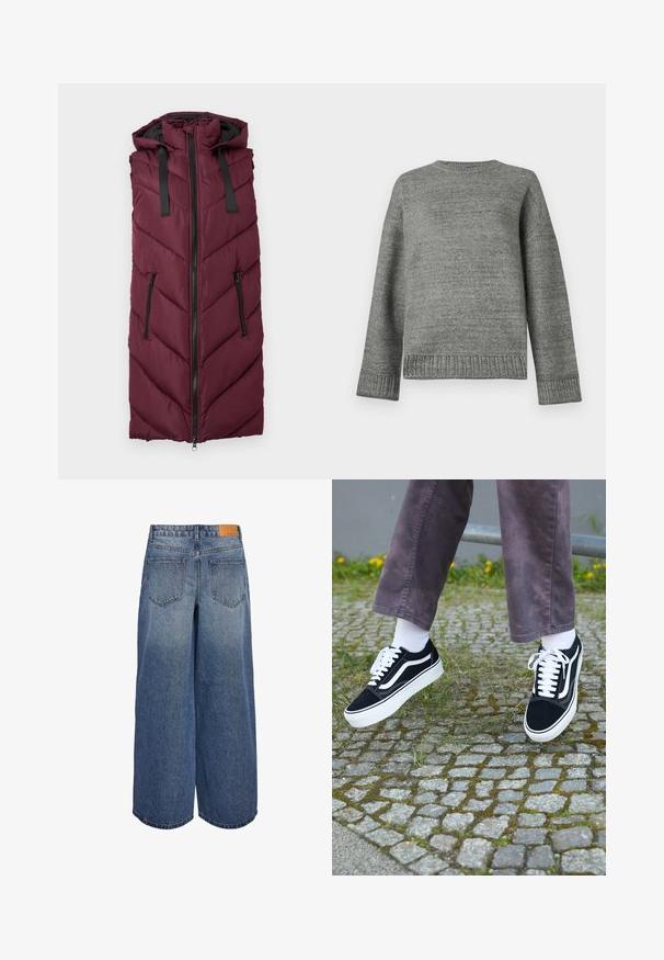 Colete puffer bordeaux com capuz, apresentando um padrão de matelassé em ziguezague, fecho frontal com zipper e dois bolsos laterais com zipper.; Suéter cinza de malha com decote redondo, ombros caídos e punhos e bainha canelados. Textura suave com cor sólida e detalhes mínimos.; Calças culottes de denim de perna larga em lavagem azul média com uma textura desbotada, apresentando dois bolsos traseiros e uma etiqueta de marca em couro castanho na cintura.; Sapatilhas de camurça pretas com detalhes brancos, apresentando um bico arredondado, sola branca grossa e um design clássico de atacadores, usadas com meias brancas e calças roxas.