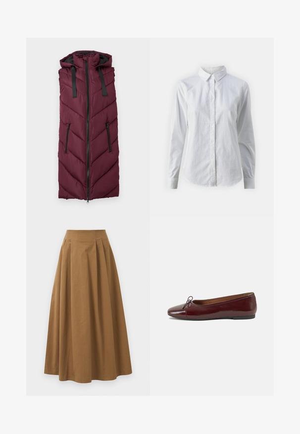 Burgundijas pūkains bezmugurkaula veste ar kapuci, ar ševronu izšūtu rakstu, priekšējo rāvējslēdzēju un divām sānu kabatām ar rāvējslēdzējiem.; Balta pogājamā krekla augšdaļa, izgatavota no gluda kokvilnas, ar klasisku apkakli, garām piedurknēm un izliekto apakšmalu. Pogas ir mazas un baltas.; Brūna kokvilnas A formas svārki ar augstu jostasvietu, kurai priekšā ir krokas un gluda tekstūra. Apakšmala ir tīra un vienkārša.; Burgundijas laku ādas baleta kurpes ar noapaļotu purngalu, nelielu loku akcentu priekšā un zemu melnu gumijas zoli. Gluda tekstūra.