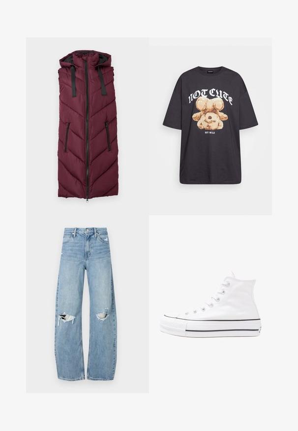 Burgundinės pūkų liemenės su gobtuvu, su zigzago rašto siuvinėjimu, priekyje su užtrauktuku ir dviem šoninėmis užtrauktukų kišenėmis.; Juodas per didelis marškinėliai su bearo grafika ir tekstu "NE SIAUBINGA, BET NERAMUS" bold baltomis raidėmis. Pagaminta iš medvilnės.; Šviesiai mėlynos, aukštu juosmeniu džinsai pagaminti iš džinsinio audinio. Turi plačias kojų kelnes, dvi suplėšytas kelio vietas ir klasikinį penkių kišenių dizainą.; Balti aukštakulniai drobės sportbačiai su juodu guminio pado, priekinio guminio piršto dangteliu ir šešiais akytėmis raištams, pasižymintys švariu, minimalistiniu dizainu.